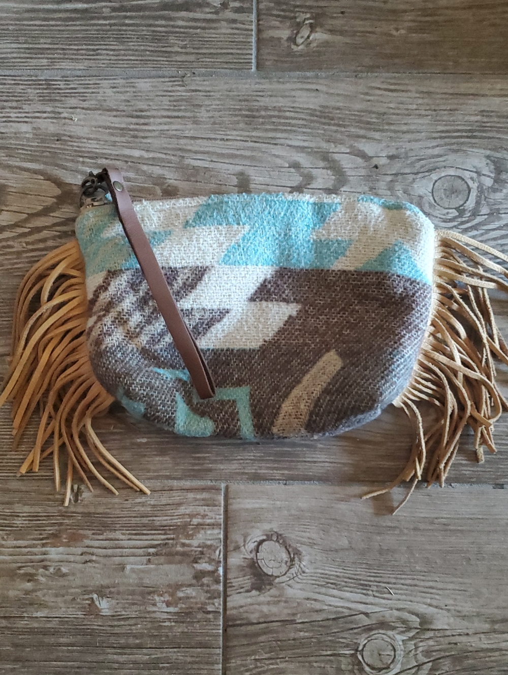 Rhonda Stark Southwestern Fringed Wristlet Clutch in Brown & Turquoise